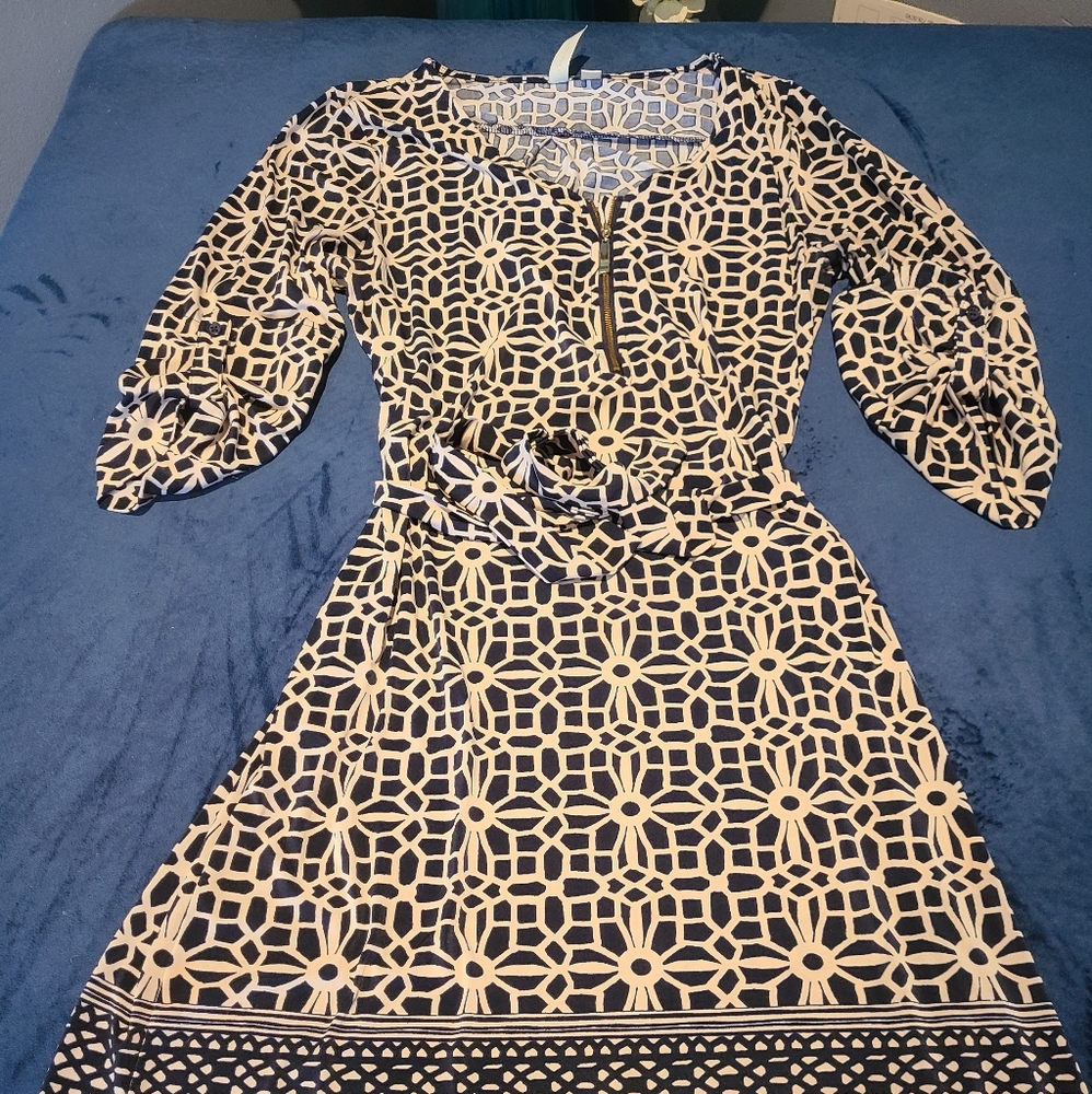 BLUE AND TAN DRESS